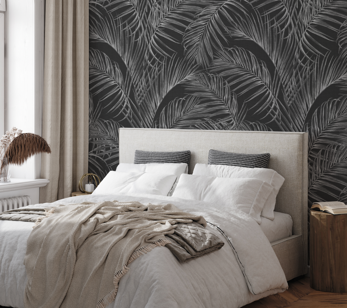 Palm Escape Black & White Wallpaper from Olive et Oriel where you can shop wallpaper and artworks online
