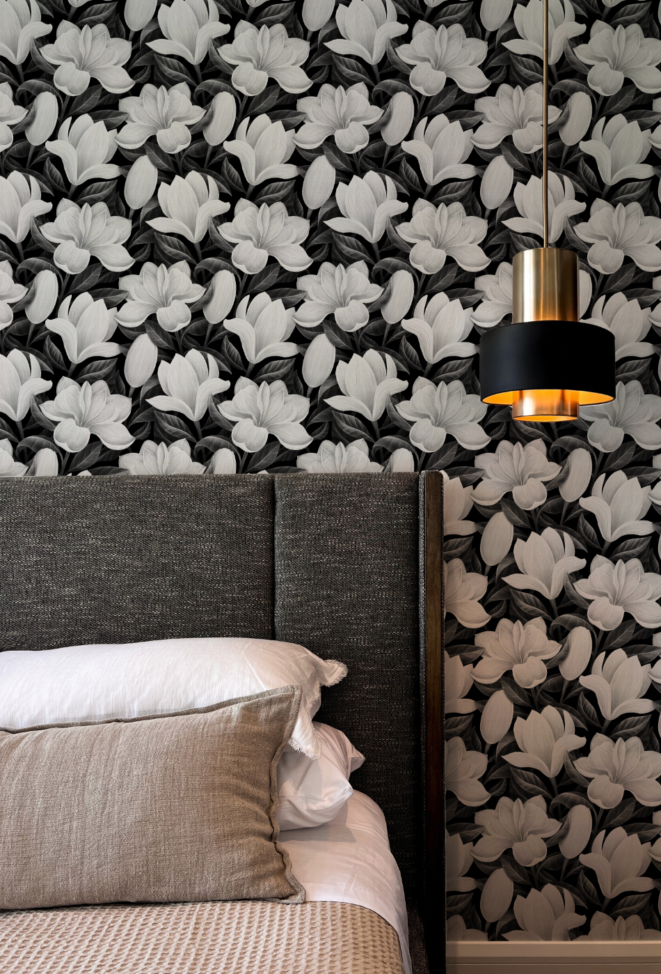 Magnolia in Bloom Black and White Wallpaper from Olive et Oriel where you can shop wallpaper and artworks online