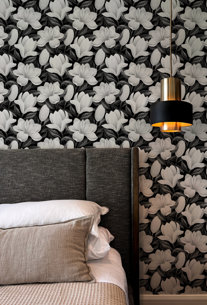 Magnolia in Bloom Black and White Wallpaper