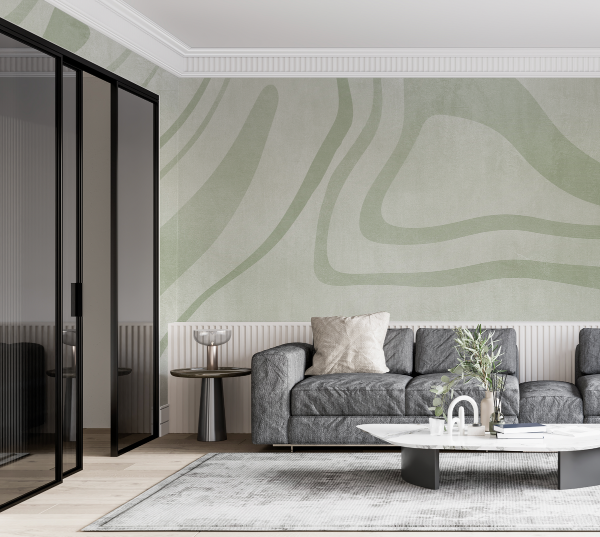 Luxe City Lines Mural Sage Green Wallpaper from Olive et Oriel where you can shop wallpaper and artworks online