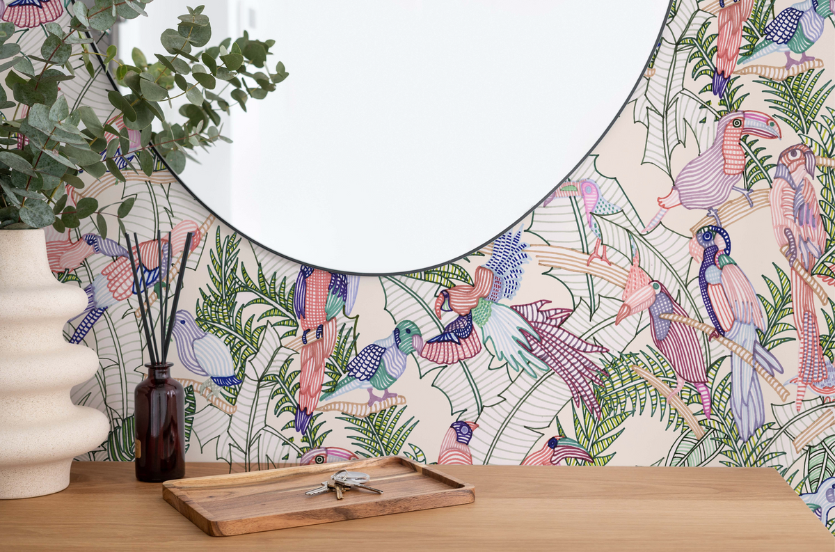 Tropical Colourful Birds Wallpaper from Olive et Oriel where you can shop wallpaper and artworks online
