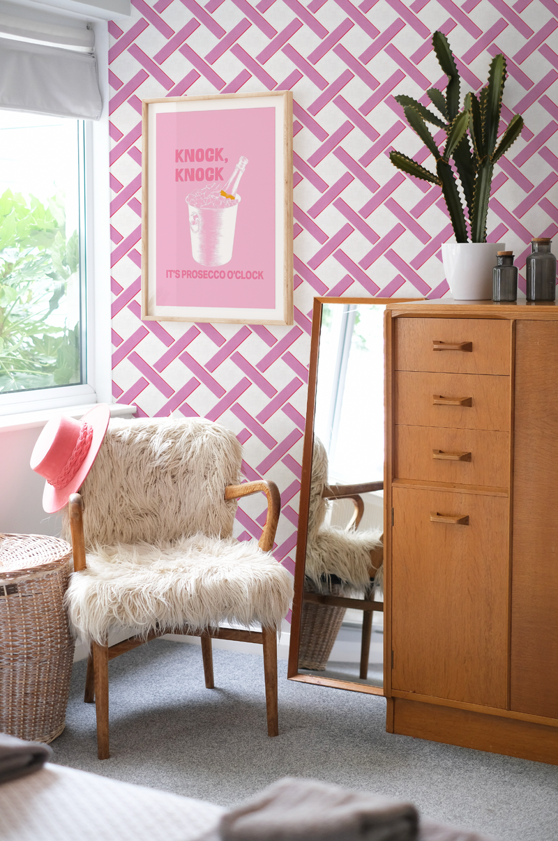 Criss Cross Lattice in Pink & White Wallpaper
