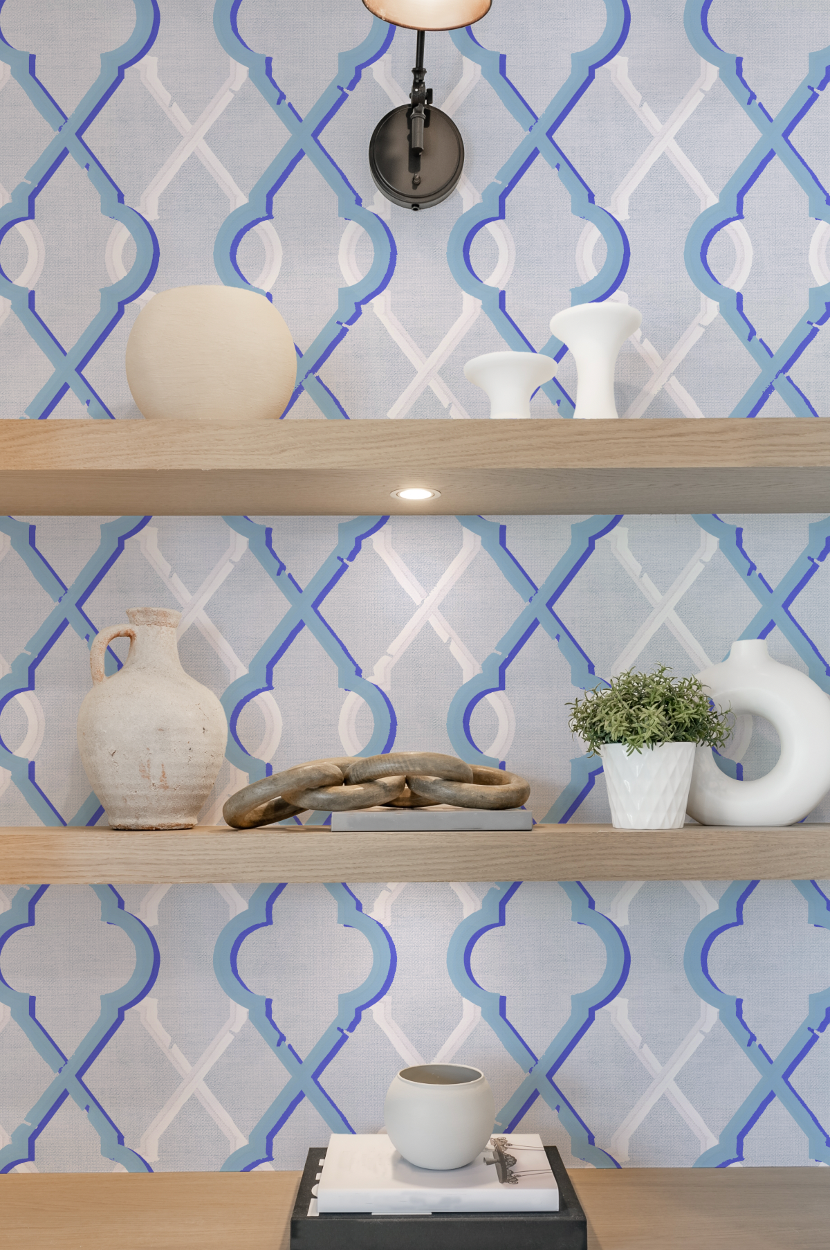 Painted Lattice in Cerulean Blue Wallpaper from Olive et Oriel where you can shop wallpaper and artworks online
