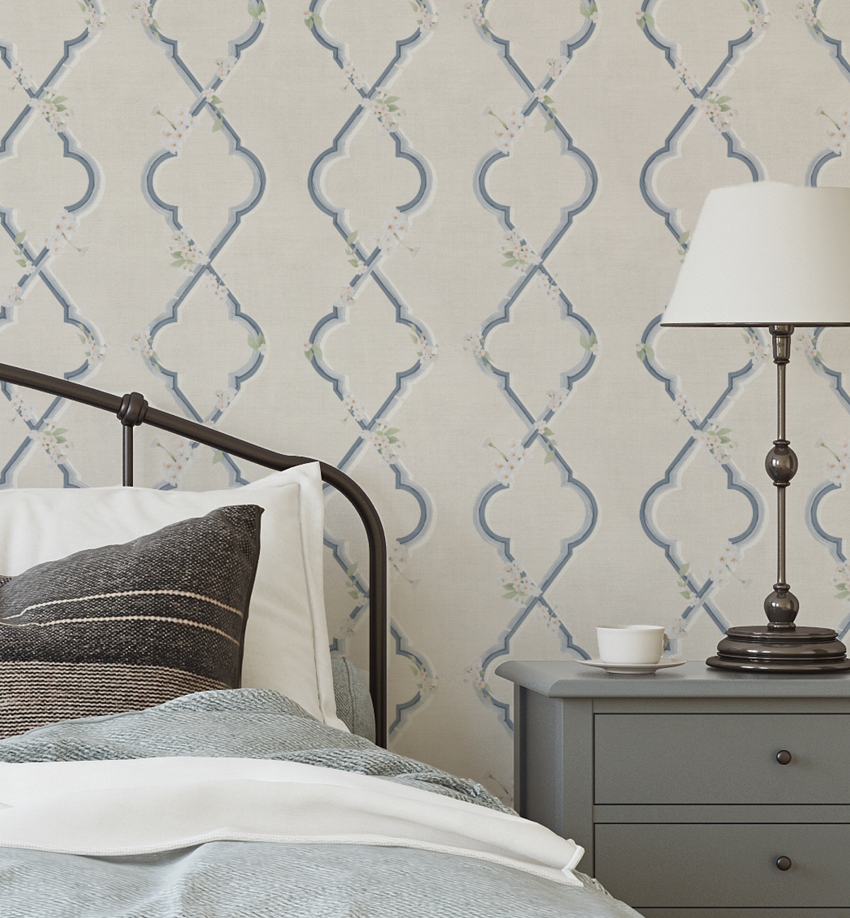 Country Garden Lattice in Blue Wallpaper from Olive et Oriel where you can shop wallpaper and artworks online