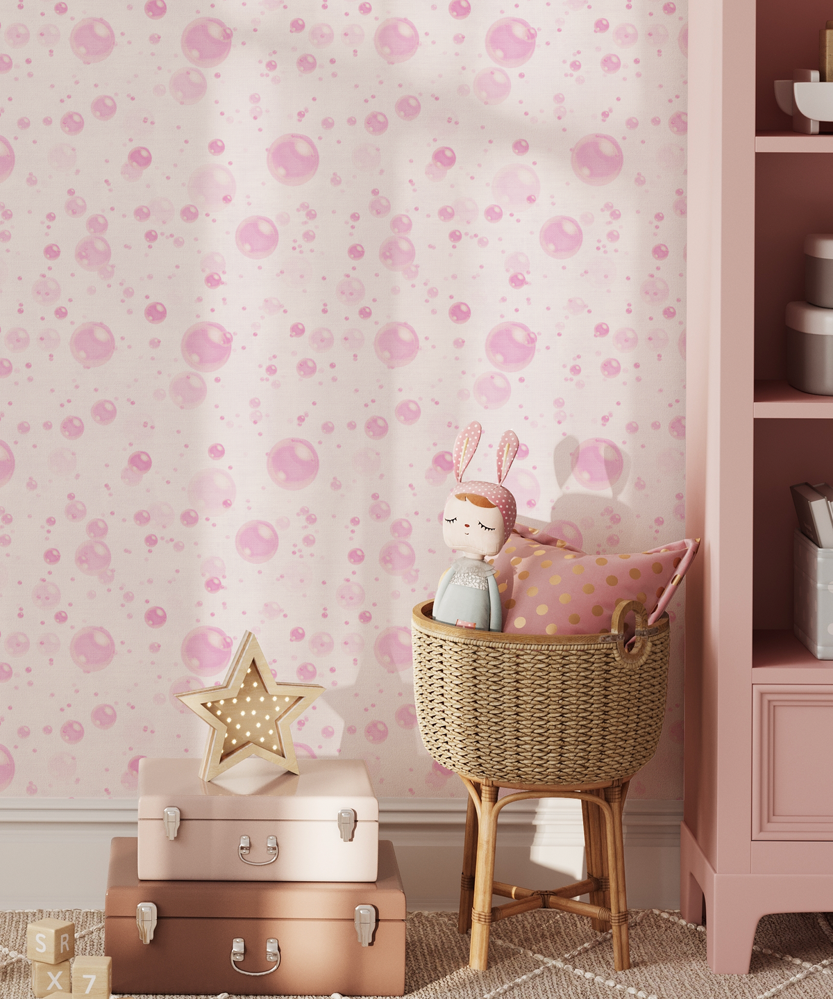 Dream House Bubbles In Pink Wallpaper from Olive et Oriel where you can shop wallpaper and artworks online