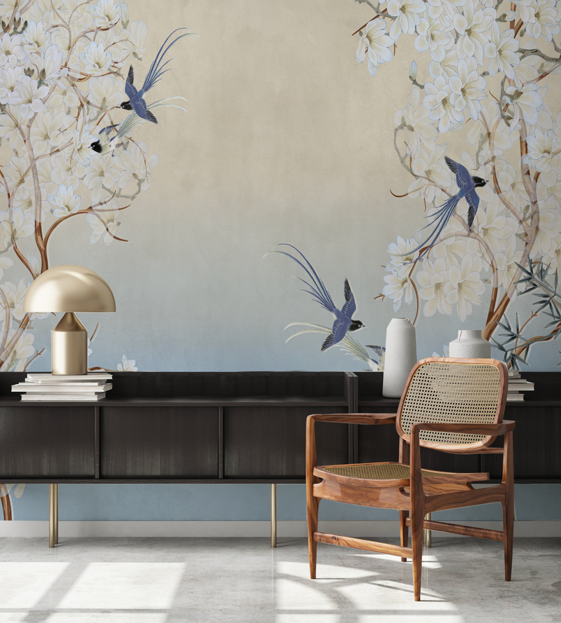 Chinoiserie in Spring in Blue Bird Wallpaper