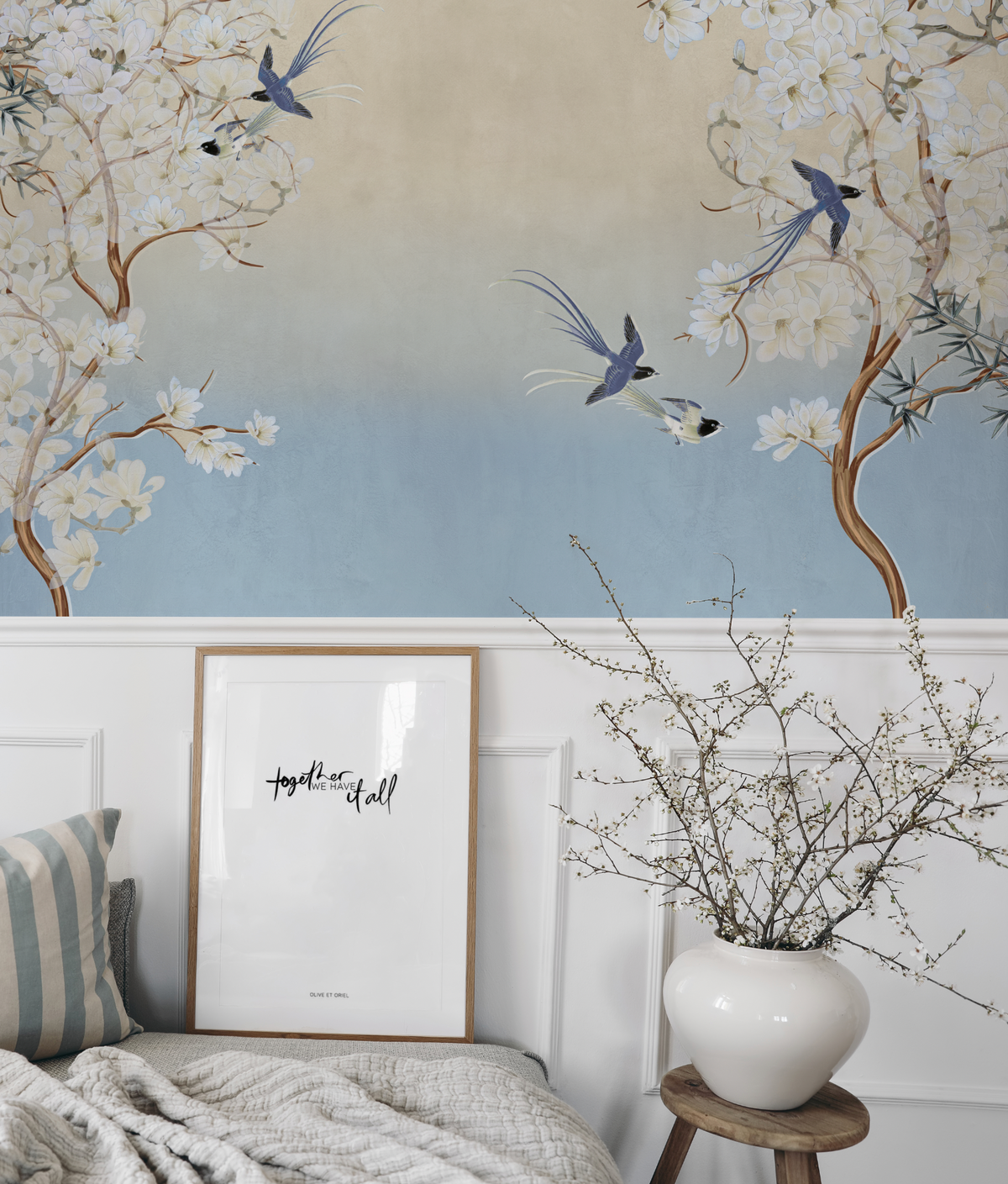 Chinoiserie in Spring in Blue Bird Wallpaper chinoiserie wallpaper — Olive et Oriel