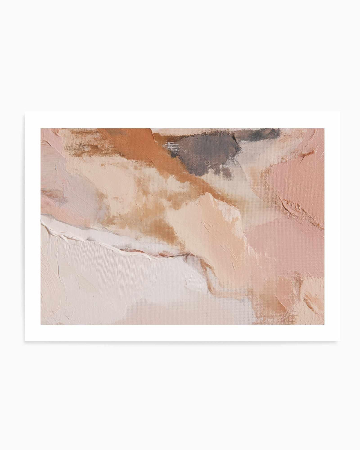 Abstract oil painting titled Sculpted Clay I featuring layered, textured brushstrokes in warm earth tones including dusty rose, warm beige, burnt orange, and taupe. The composition shows organic, flowing forms with visible brushwork creating a tactile, sculptural quality. The painting is mounted in a white frame with white border, displayed against a light background.