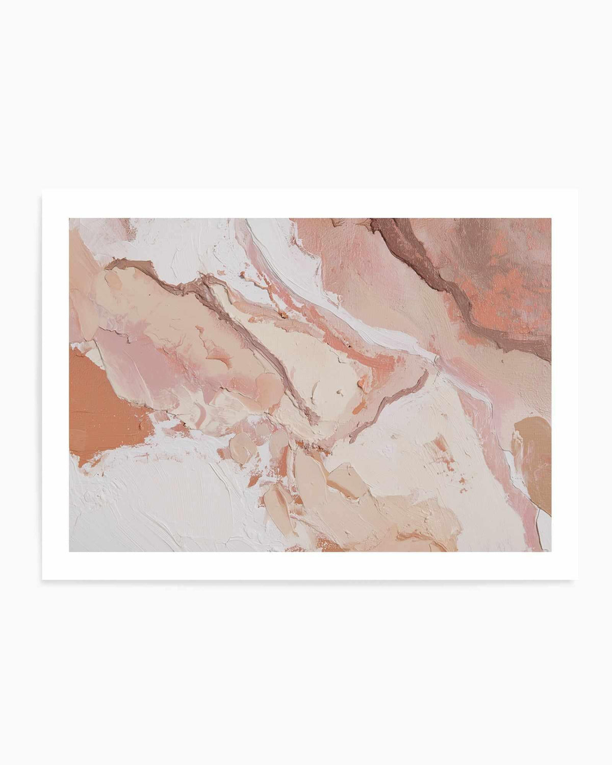 Sculpted Clay III art print featuring an abstract oil painting with layered brushstrokes in warm earth tones including dusty rose, terracotta, cream, and soft taupe. The composition shows organic, flowing shapes with thick impasto texture creating depth and dimension. White areas provide contrast throughout the piece. Displayed in a white frame with white border against a neutral background.