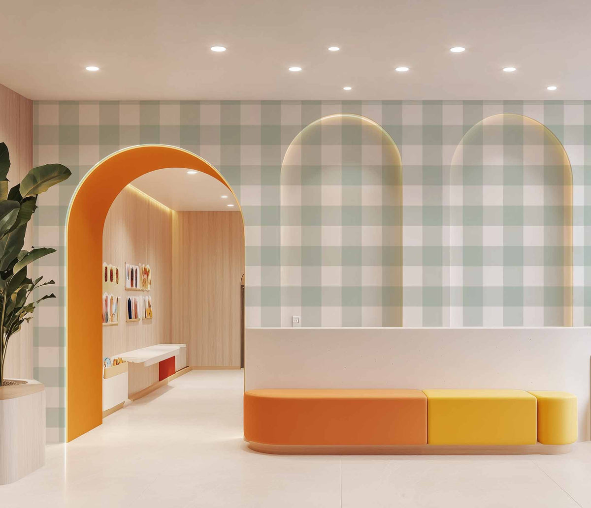 Large Gingham in Seafoam Green Commercial Vinyl Wallpaper from Olive et Oriel where you can shop wallpaper and artworks online