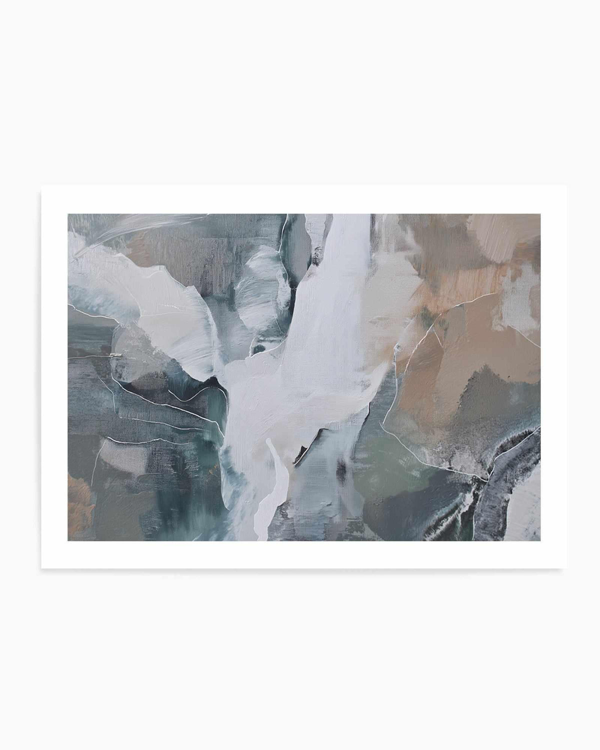 Abstract art print titled Slate Veil III featuring layered brushstrokes in soft whites, muted grays, dusty blues, and warm beiges. The composition shows organic, flowing forms with gestural paint marks creating depth and movement across the canvas. Delicate linear details in white thread through darker areas. The overall effect is ethereal and contemplative with a watercolor-like quality. Print is mounted on white border and presented in white frame.