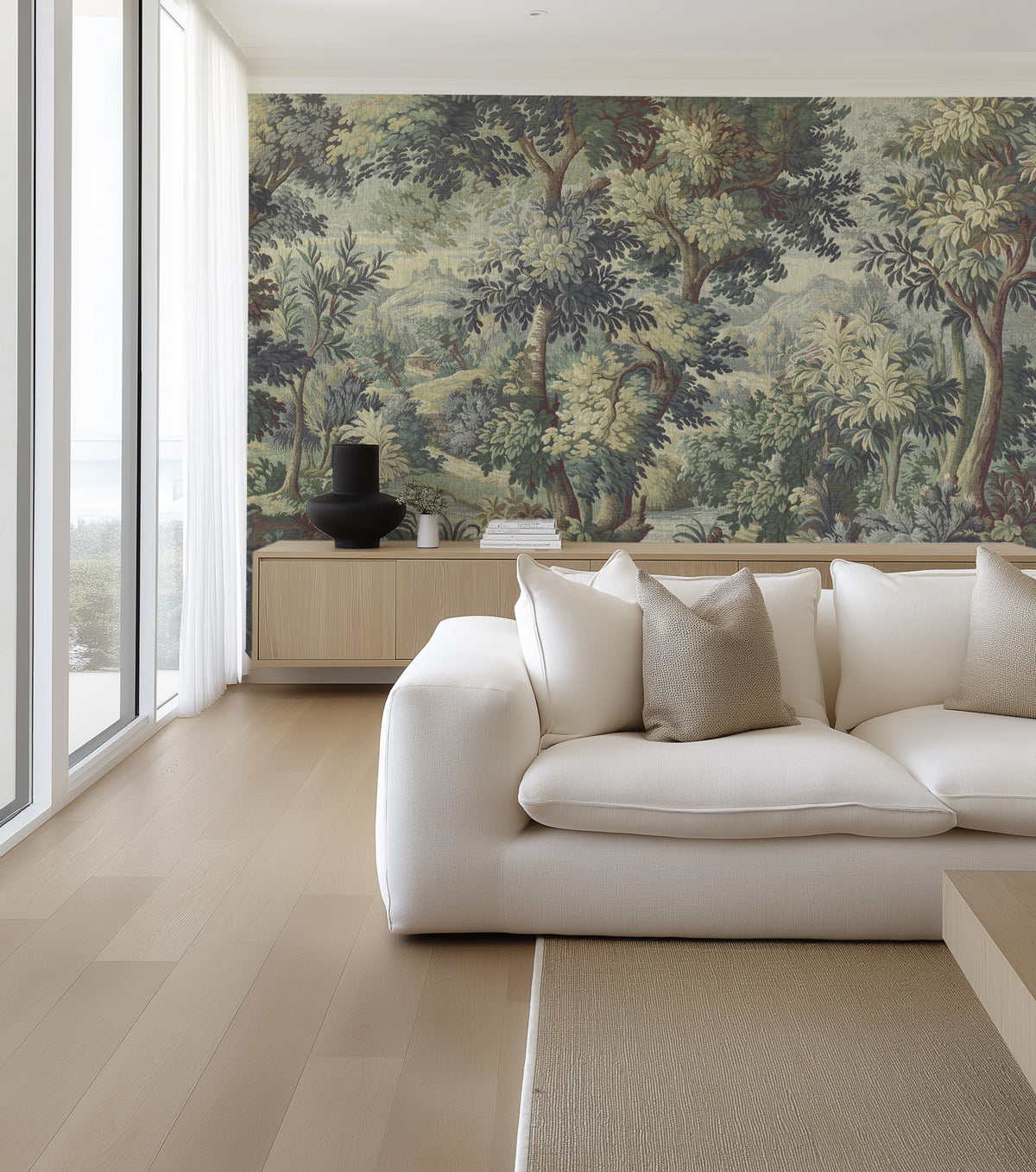Vintage Tapestry Panoramic Mural in Sage Green Wallpaper from Olive et Oriel where you can shop wallpaper and artworks online