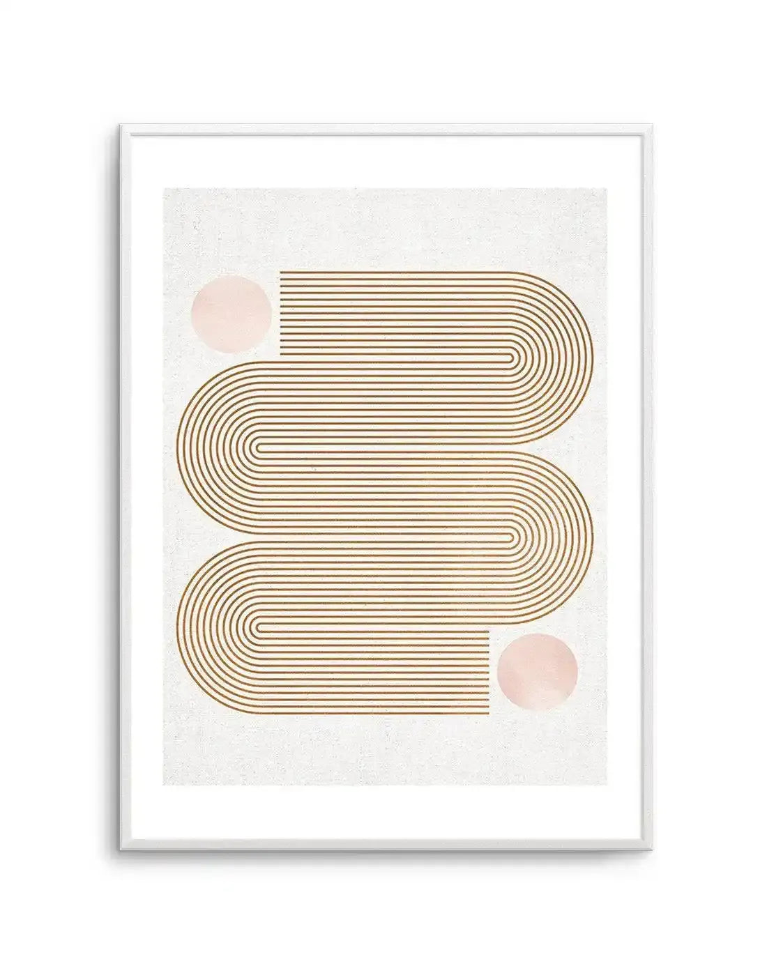 Abstract art print featuring a repeating pattern of thin, parallel lines in a warm terracotta or burnt orange colour, forming a continuous, undulating wave-like shape across a textured cream background. The design includes two solid, soft pink circles, one in the upper left and one in the lower right, printed on fine art paper and displayed in a white frame with white border.
