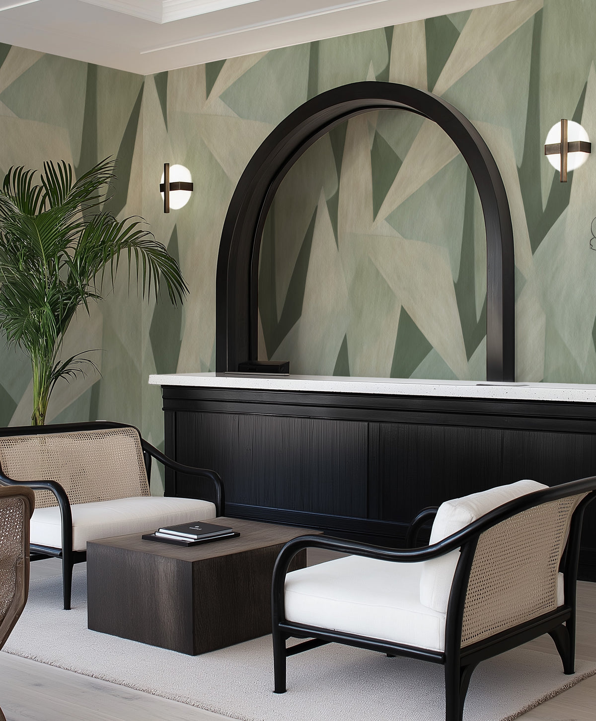 Tropea Abstract in Sage Green Commercial Vinyl Wallpaper from Olive et Oriel where you can shop wallpaper and artworks online