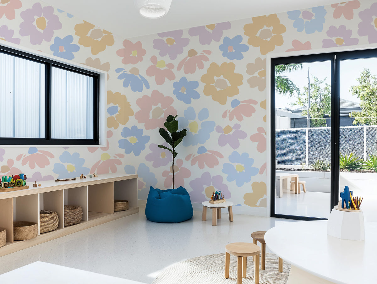 Vanilla Field Flowers in Orange & Pink Commercial Vinyl Wallcovering from Olive et Oriel where you can shop wallpaper and artworks online