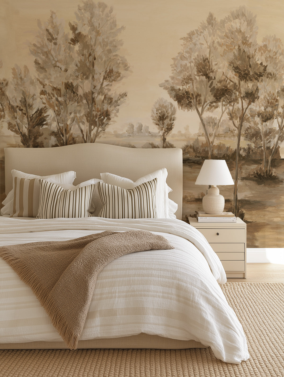 Vintage Woodland Trees in Warm Brown Panoramic Painted Mural Wallpaper from Olive et Oriel where you can shop wallpaper and artworks online