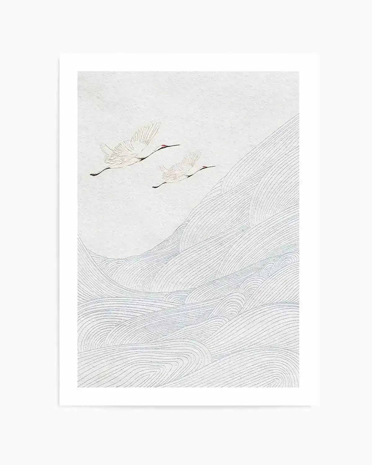 Art print featuring two white cranes with red accents on their heads and black beaks, flying over a landscape of rolling hills or waves depicted with numerous thin, light blue and grey wavy lines on a textured white background.