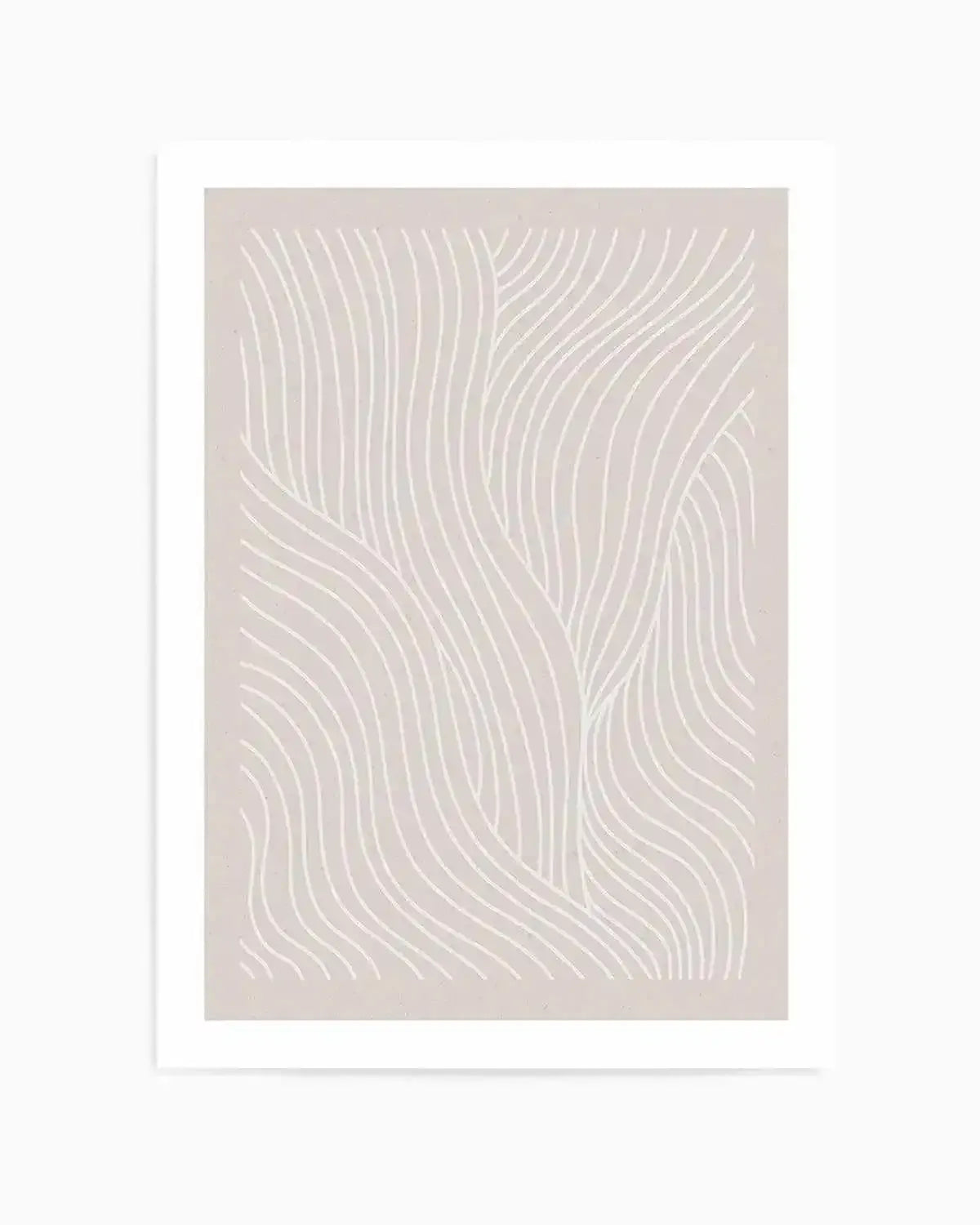 Abstract art print featuring a pattern of undulating, parallel lines in off-white on a warm, light beige background, creating a flowing, organic composition suggestive of gentle waves or natural textures. Printed on fine art paper and displayed in a white frame with a white border.
