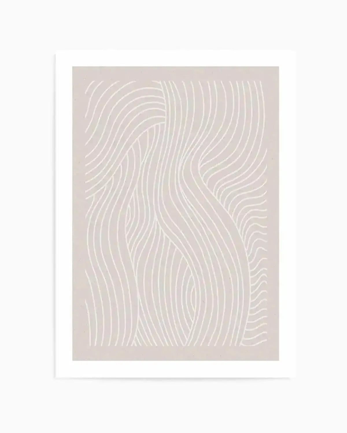 Abstract art print featuring a pattern of undulating white lines on a pale beige background, creating a flowing, organic composition reminiscent of gentle waves or natural textures. Printed on fine art paper with a matte finish.
