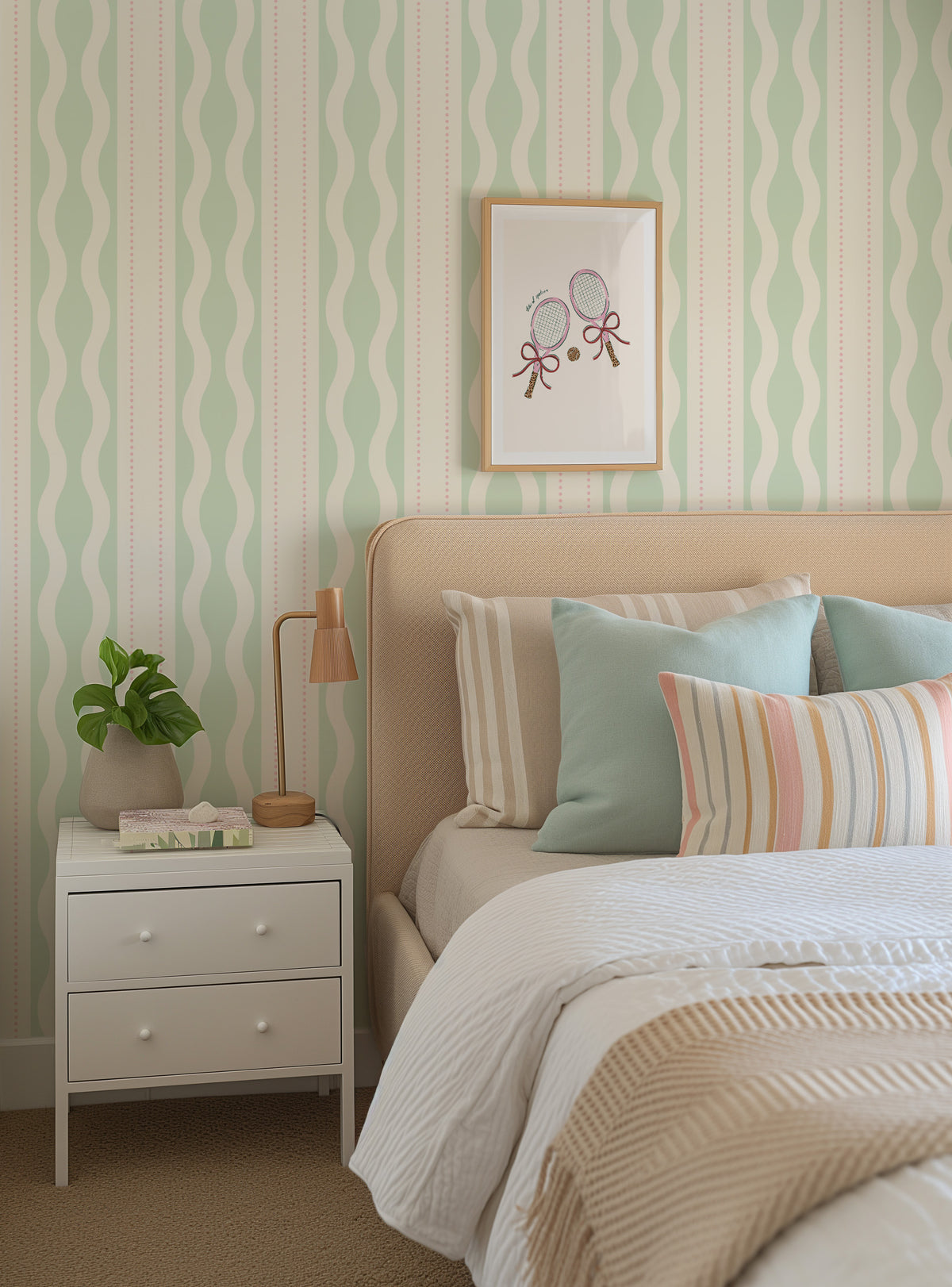 Wavy Tides in Mint & Pink By the Roll Wallpaper from Olive et Oriel where you can shop wallpaper and artworks online