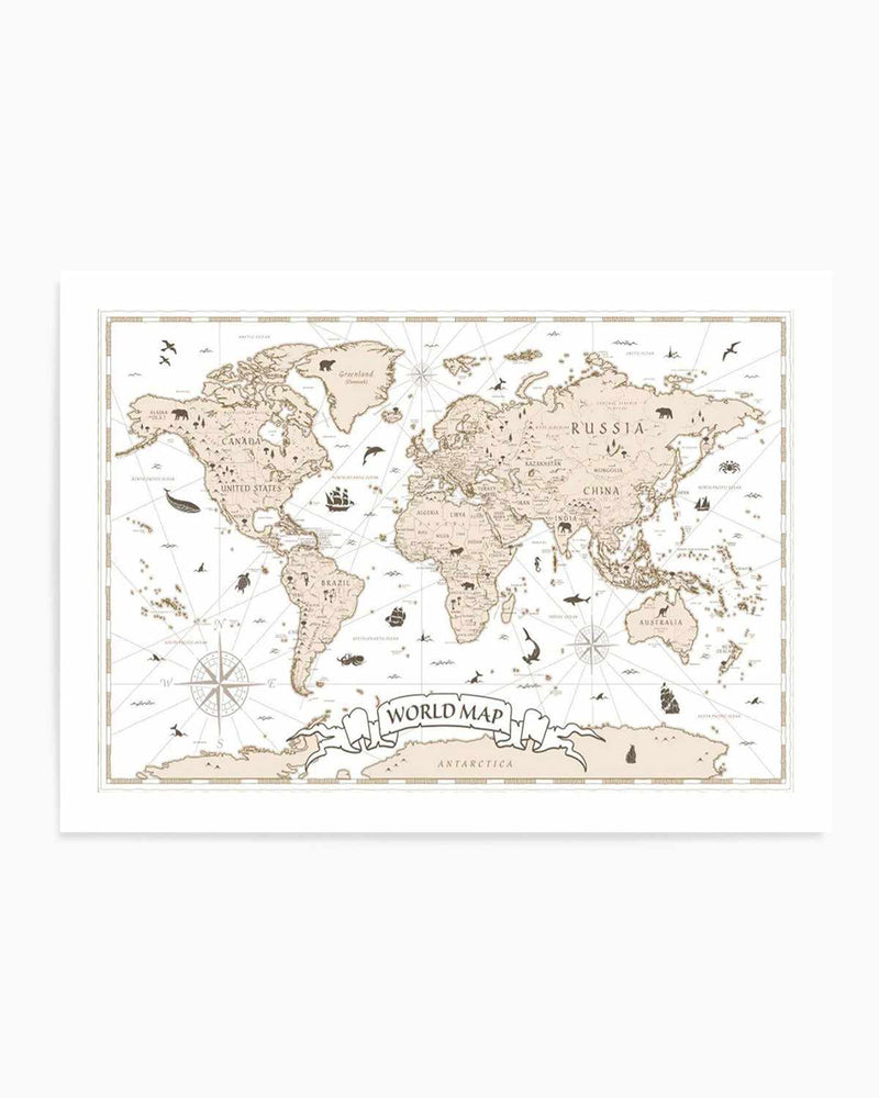 World Map | Beige Art Print
