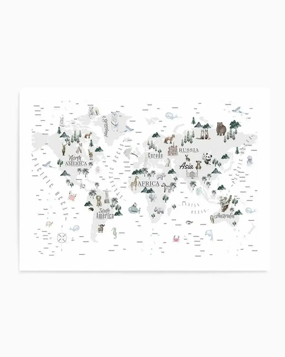World map art print featuring hand-drawn animals and landmarks on a white background, with continents outlined in light grey. North America shows a moose, bear, and deer; Europe features a horse and castle; Russia has a brown bear and fox; Asia includes a panda and elephant; Africa displays a giraffe and zebra; South America shows the Christ the Redeemer statue and a sloth; and Australia features a koala. The oceans are dotted with various marine life like whales, dolphins, and crabs.