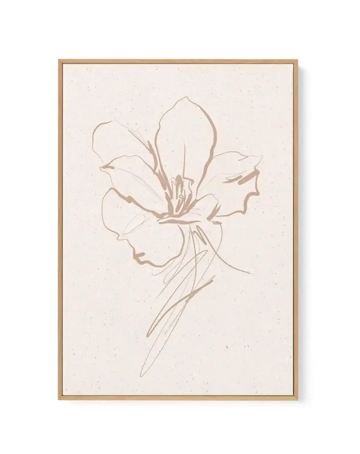 Framed canvas art print featuring a minimalist line drawing of a lily flower in warm taupe and beige tones on a cream-colored textured background. The botanical sketch shows five petals with delicate stamens at the center, accompanied by a long slender stem. The artwork is displayed in a natural wood frame with a simple border. The style is loose and gestural, with organic flowing lines creating an elegant, understated botanical illustration.