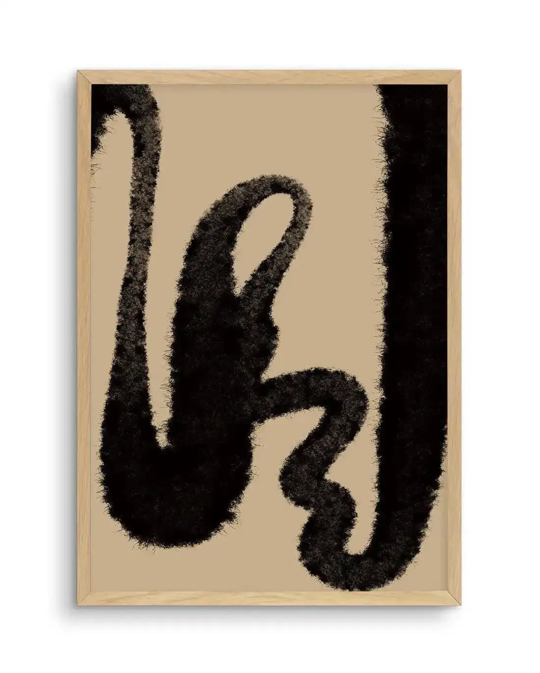 Abstract art print with textured black brushstroke-like forms on a khaki beige background, framed in natural light wood. The composition features flowing, organic curved lines and loops creating an expressive gestural design with a grainy, stippled texture throughout the black elements.