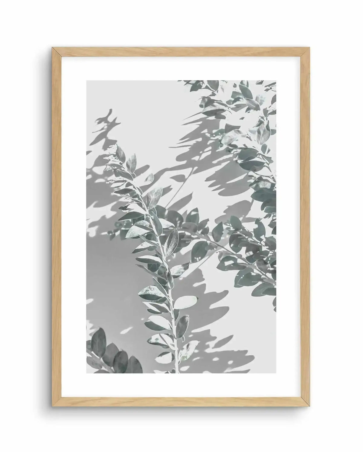 Framed art print featuring an abstract botanical composition in grayscale and muted sage green tones. The image shows layered foliage and plant stems with soft, dappled shadows cast across the composition, creating depth and dimension. The photograph-like quality captures delicate leaves in various states of focus, with naturalistic lighting that emphasizes texture and form. Presented in a natural wood frame with a white border surrounding the print.