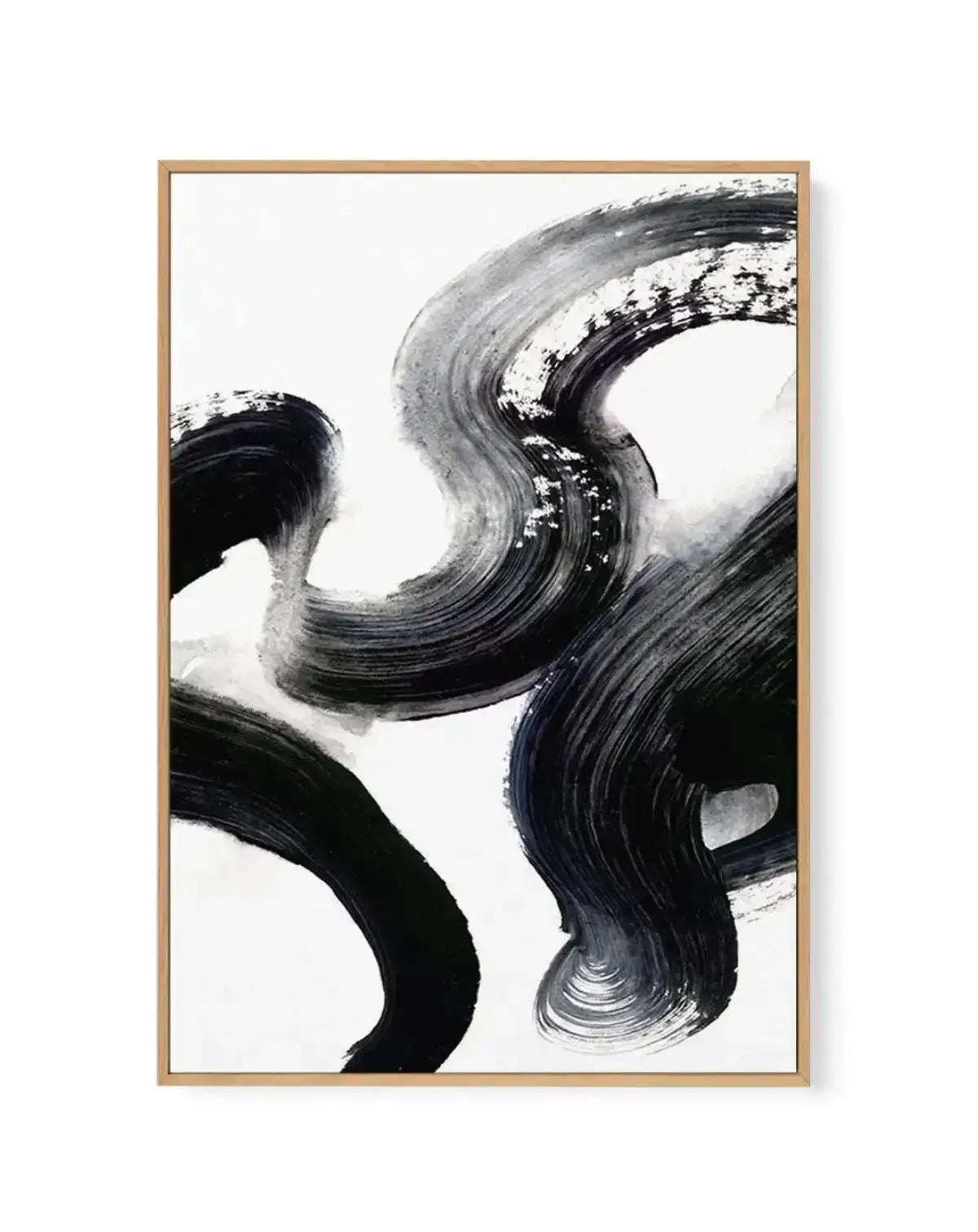 Framed canvas art print featuring abstract brushstrokes in black, charcoal gray, and white on a light background. Organic curved and flowing lines sweep across the composition with varied stroke widths and textures, creating a sense of movement. The artwork has a modern, minimalist aesthetic with bold gestural marks. Natural wood-tone frame with white border surrounding the canvas.