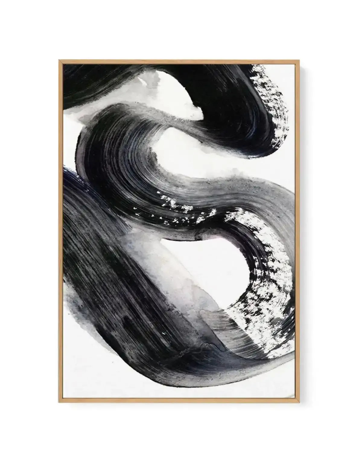 Abstract Lines II framed canvas art print featuring bold, sweeping brushstrokes in black and charcoal gray against a cream white background. The composition shows intertwining curved lines with textured, layered paint application creating depth and movement. White speckled accents punctuate the darker strokes. Natural wood frame with white border surrounding the artwork.