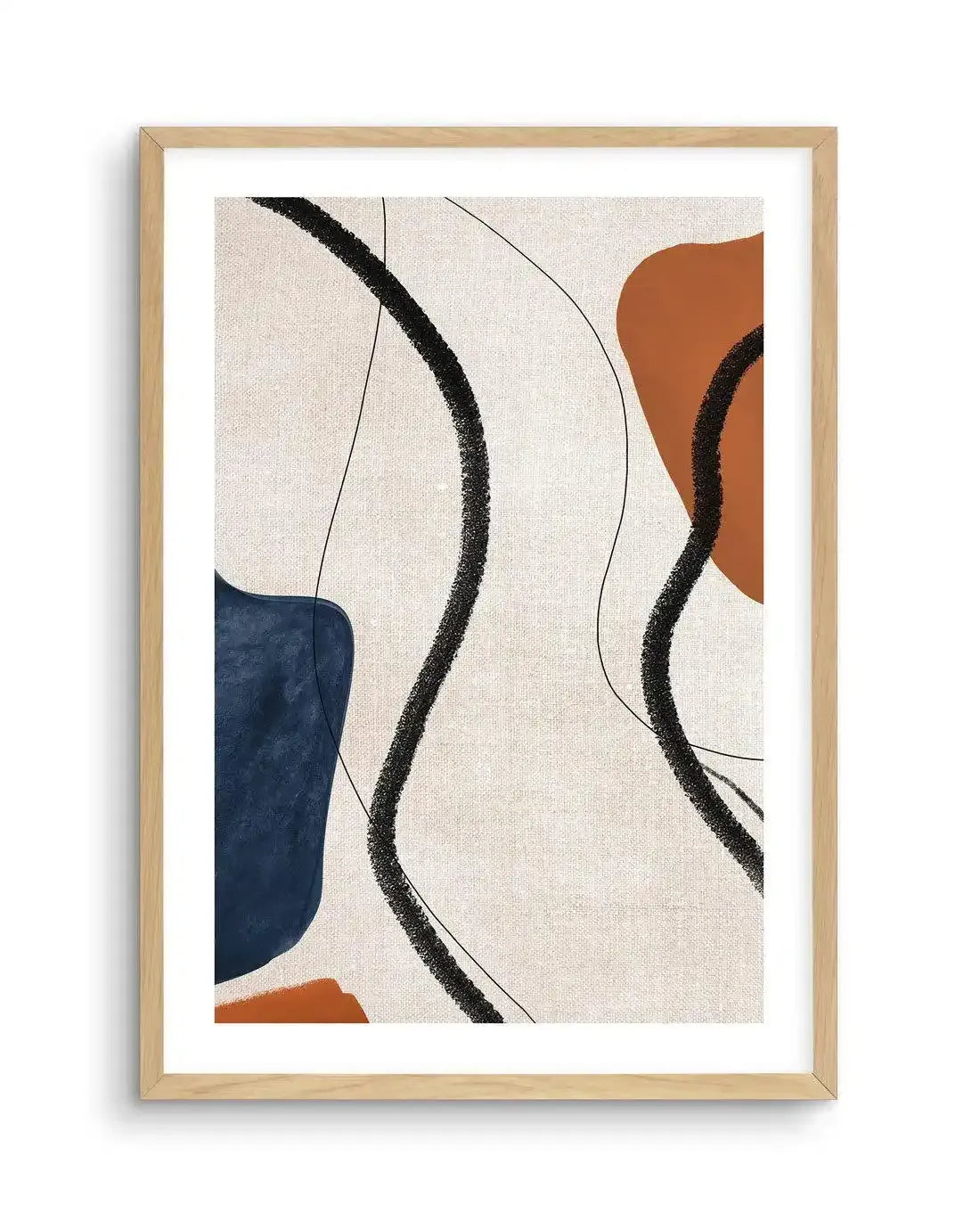 Abstract art print featuring bold, textured black lines and organic shapes in deep navy blue and burnt orange on a cream background with a subtle linen texture, displayed in a natural oak frame with white border.
