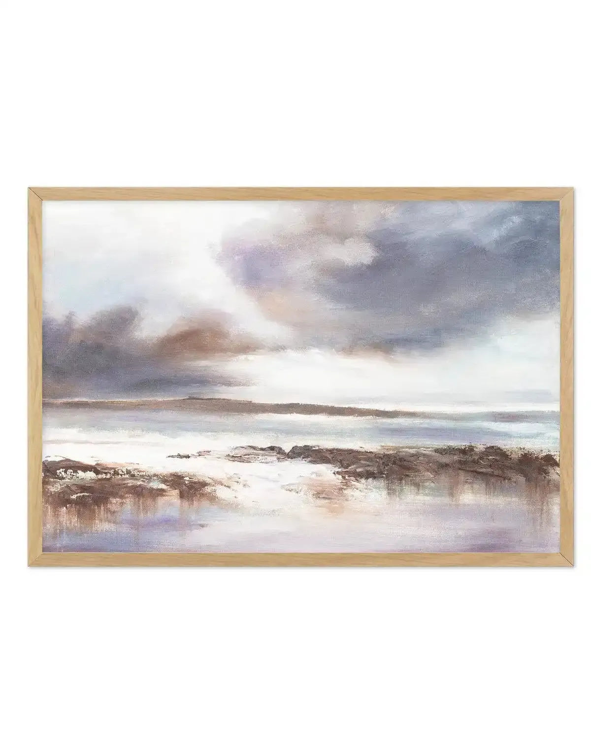Abstract art print featuring a stormy coastal landscape with a dramatic sky in shades of grey, purple, and brown, reflecting on a calm body of water. The foreground shows dark, textured landmasses and rocks, with subtle reflections of the sky's colours in the water. Printed on fine art paper and displayed in a natural oak frame with white border.