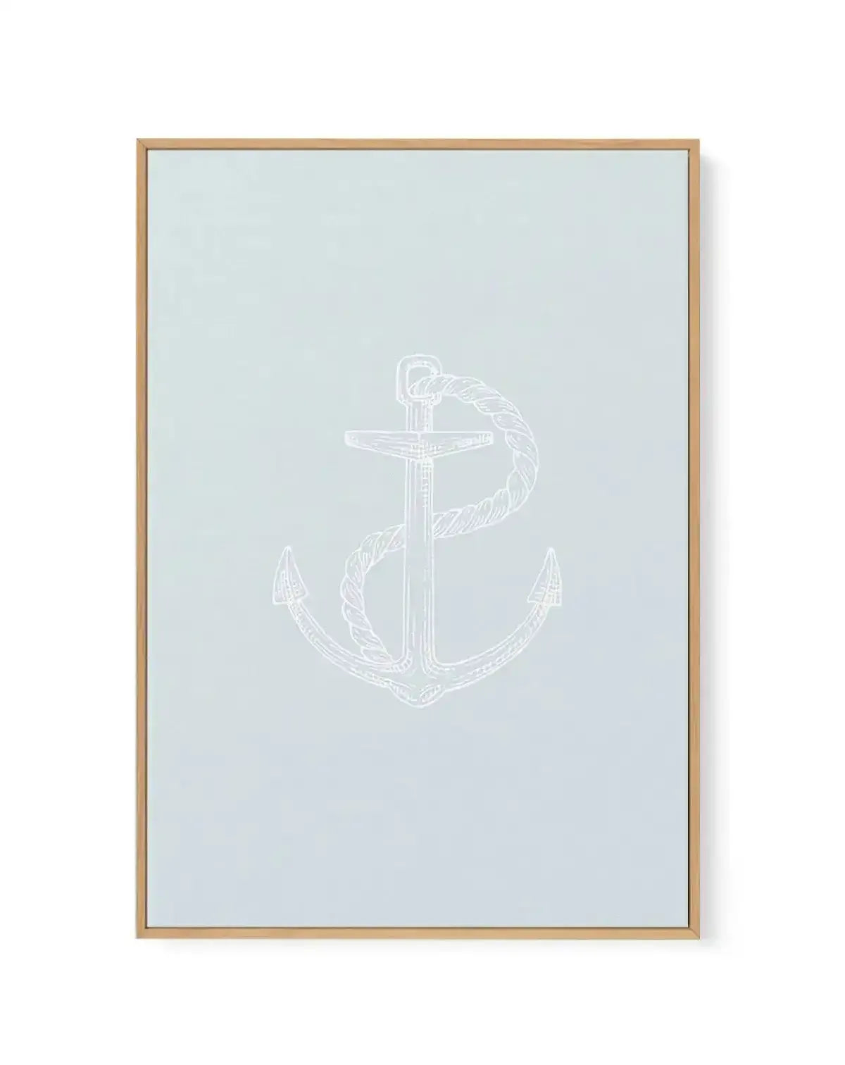 Framed canvas art print featuring a white line-drawn anchor with coiled rope wrapped around it, centered on a soft sage green background. Natural wood frame with subtle shadow effect against white wall.
