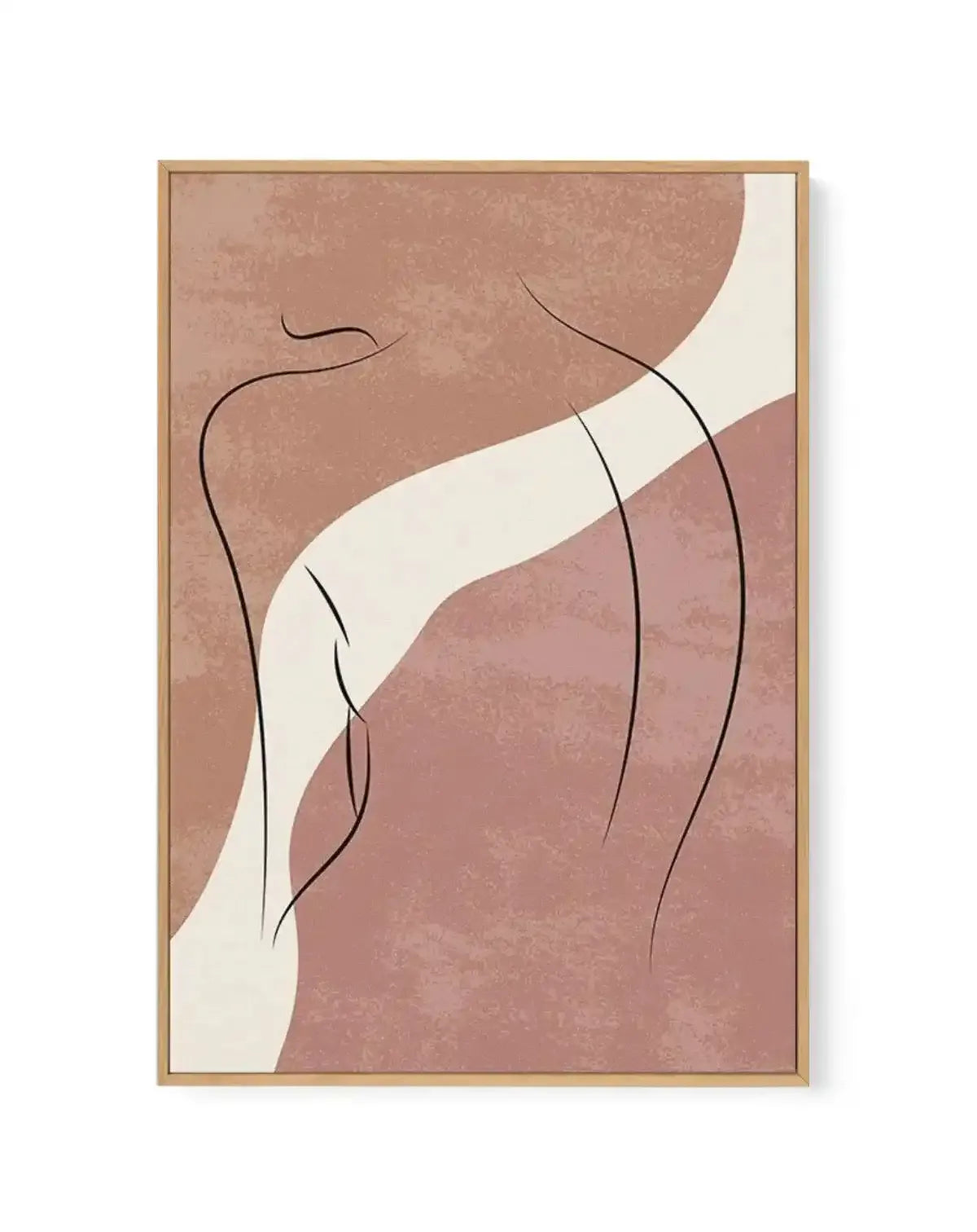 Framed canvas art print featuring abstract line drawing of a female figure in profile against layered backgrounds in warm earth tones. The composition includes organic shapes in dusty rose, terracotta, and cream with continuous dark brown contour lines. Natural wood frame with white border surrounding the artwork. Textured painted finish with watercolor-like quality in muted, neutral palette.
