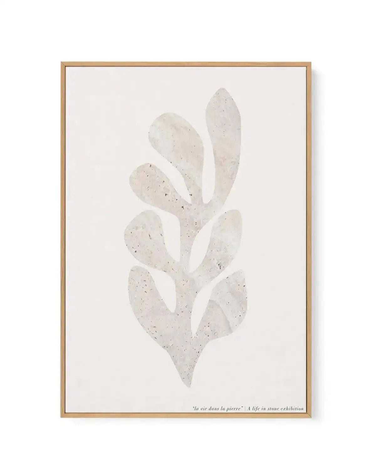 Framed canvas art print featuring a minimalist watercolor illustration of a pale cream-colored cactus with multiple rounded paddle segments arranged vertically against an off-white background. The cactus has subtle speckled texture throughout. The artwork is presented in a natural wood frame with a white border. Text appears at the bottom reading "Un vie dans la pierre" and "A life in stone exhibition". The overall composition is centered and vertically oriented with a soft, neutral aesthetic.