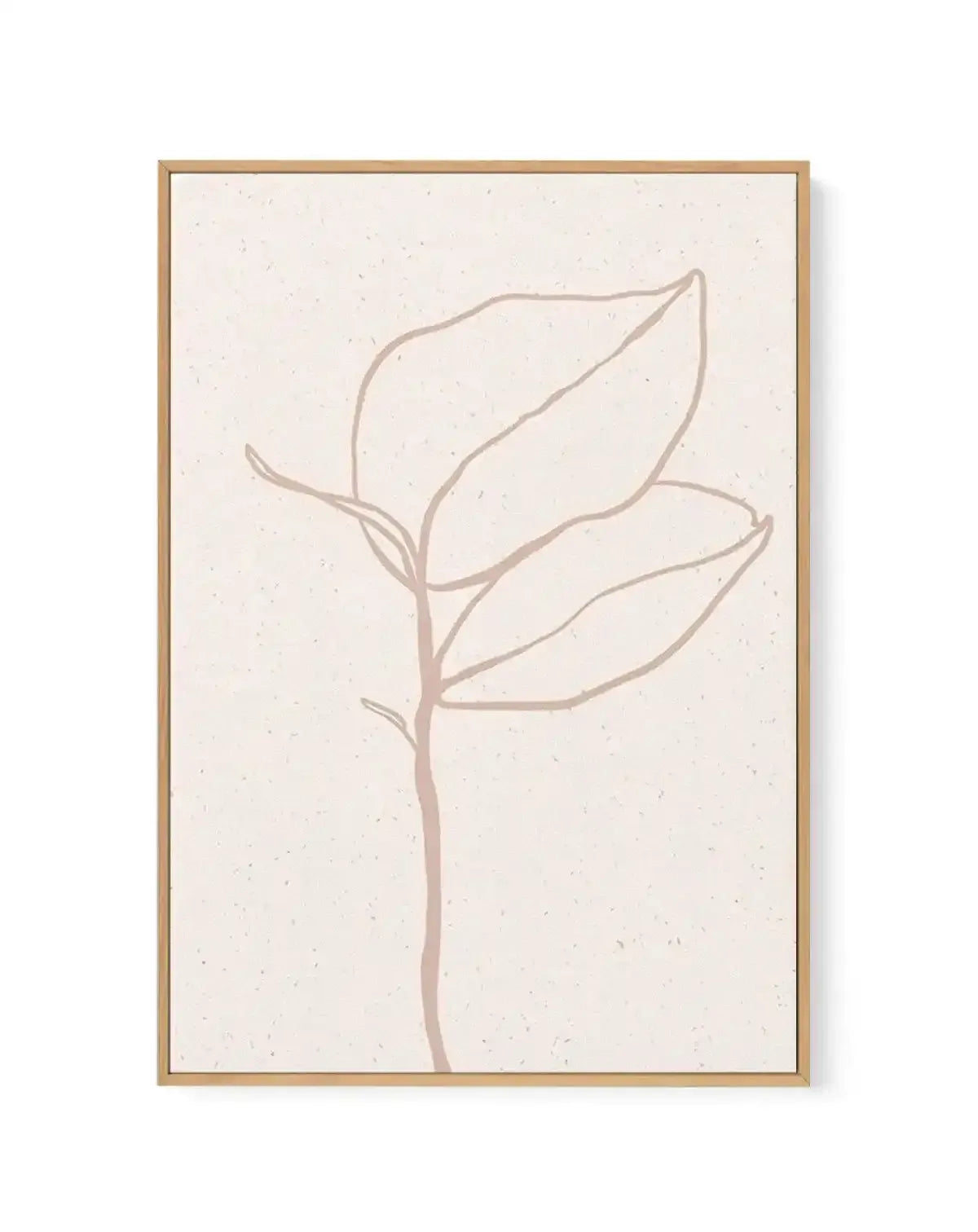 Framed canvas art print featuring a minimalist line drawing of a single stem with two elongated leaves in muted taupe against a cream background with visible paper texture. Natural wood frame with subtle shadow effect. Portrait orientation.