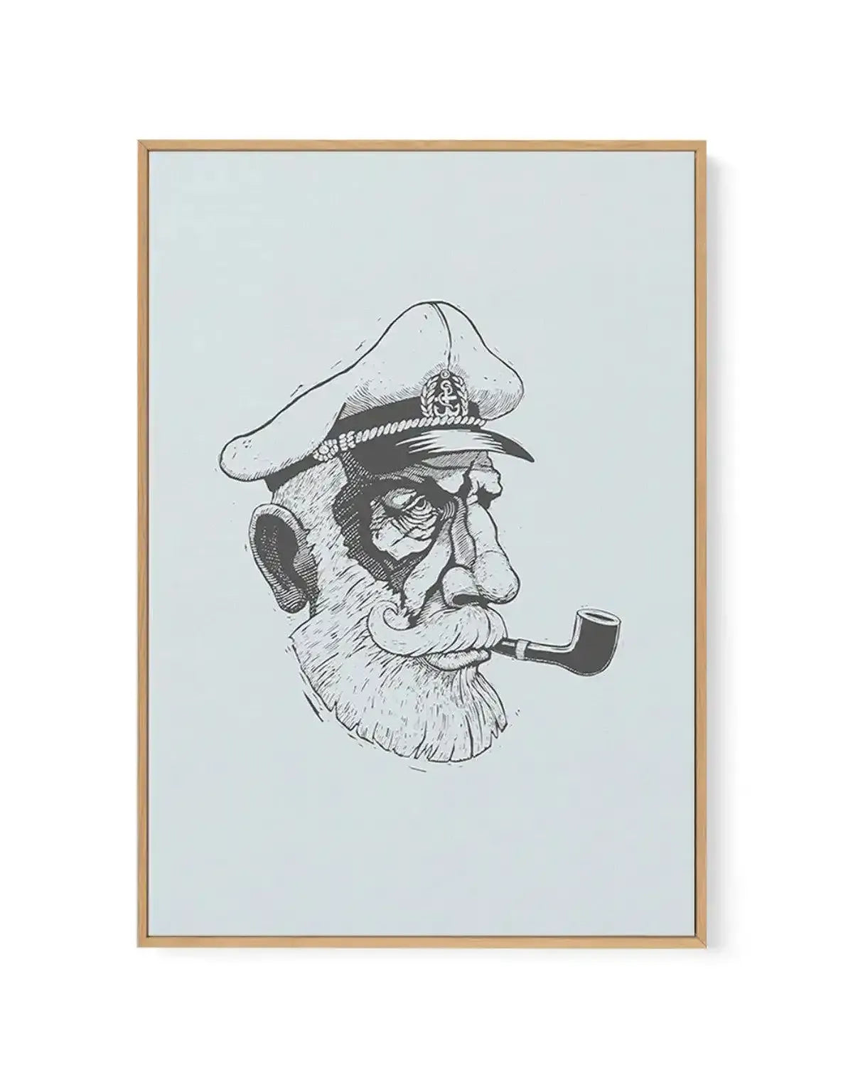 Framed canvas art print featuring a black ink illustration of a bearded sea captain in profile facing right. The captain wears a wide-brimmed naval hat with insignia and smokes a curved pipe. His face shows detailed line work with prominent nose, full beard, and weathered features. The background is a soft pale blue-green. The artwork is displayed in a natural wood frame with a white border, mounted on a light neutral wall.
