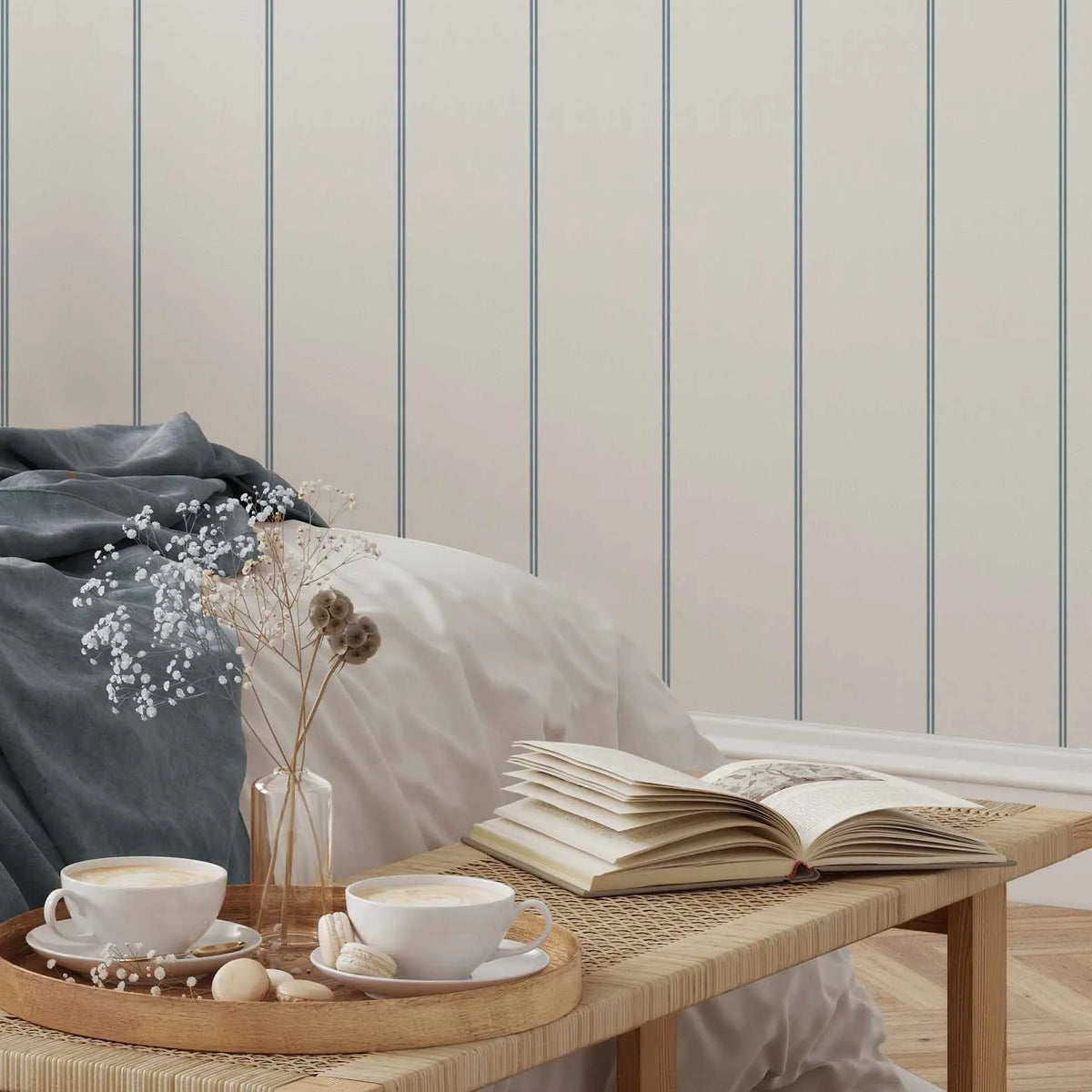 Double Stripe Wallpaper In Navy from Olive et Oriel where you can shop wallpaper and artworks online