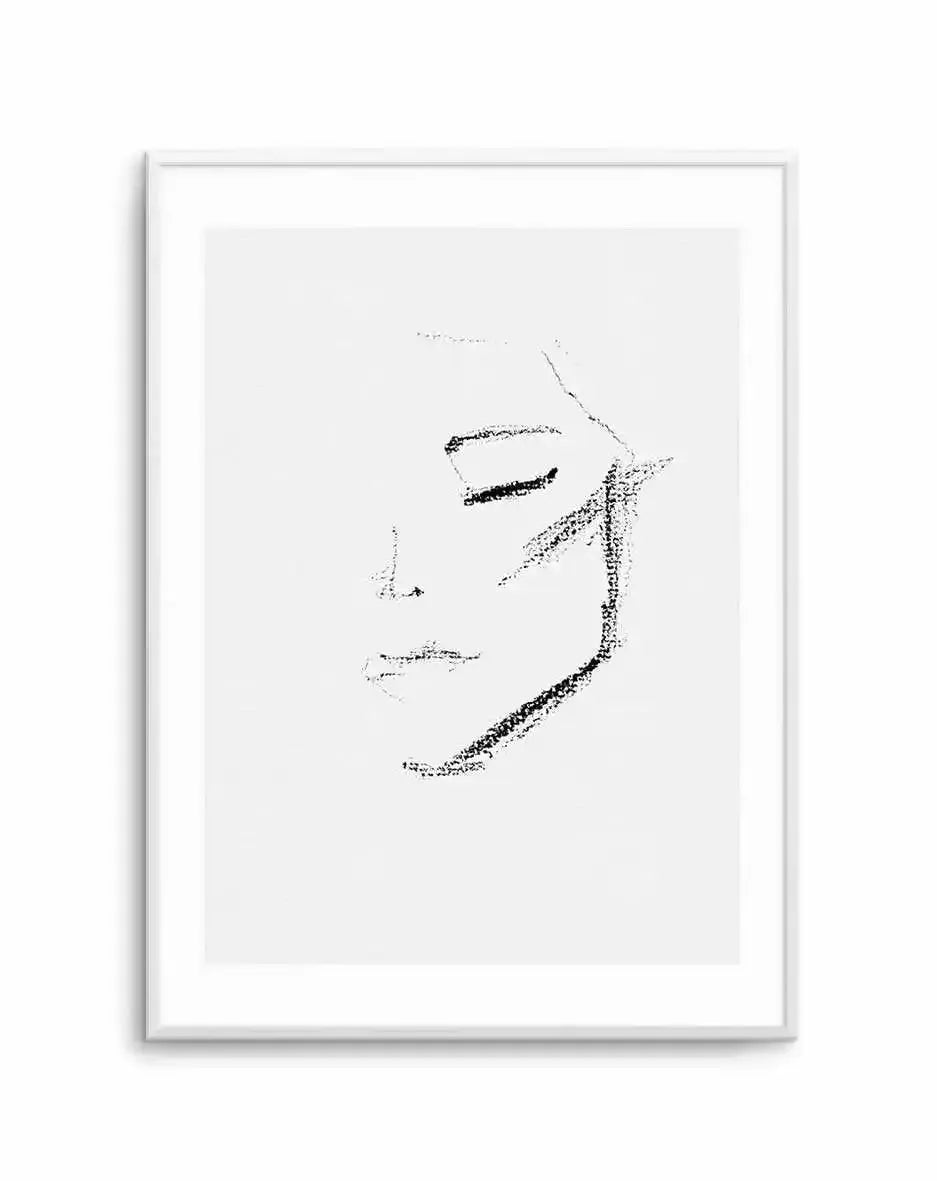 Framed art print titled "Fille Abstraite" featuring a minimalist line drawing of a woman's face rendered in black ink with a stippled, dotted texture technique. The portrait shows the subject in three-quarter view with defined cheekbones, closed or downcast eyes, and parted lips, created entirely from scattered dots and marks that form the facial contours. The composition is centered on a light gray background within a white frame with white border, mounted in a silver-toned metal frame.