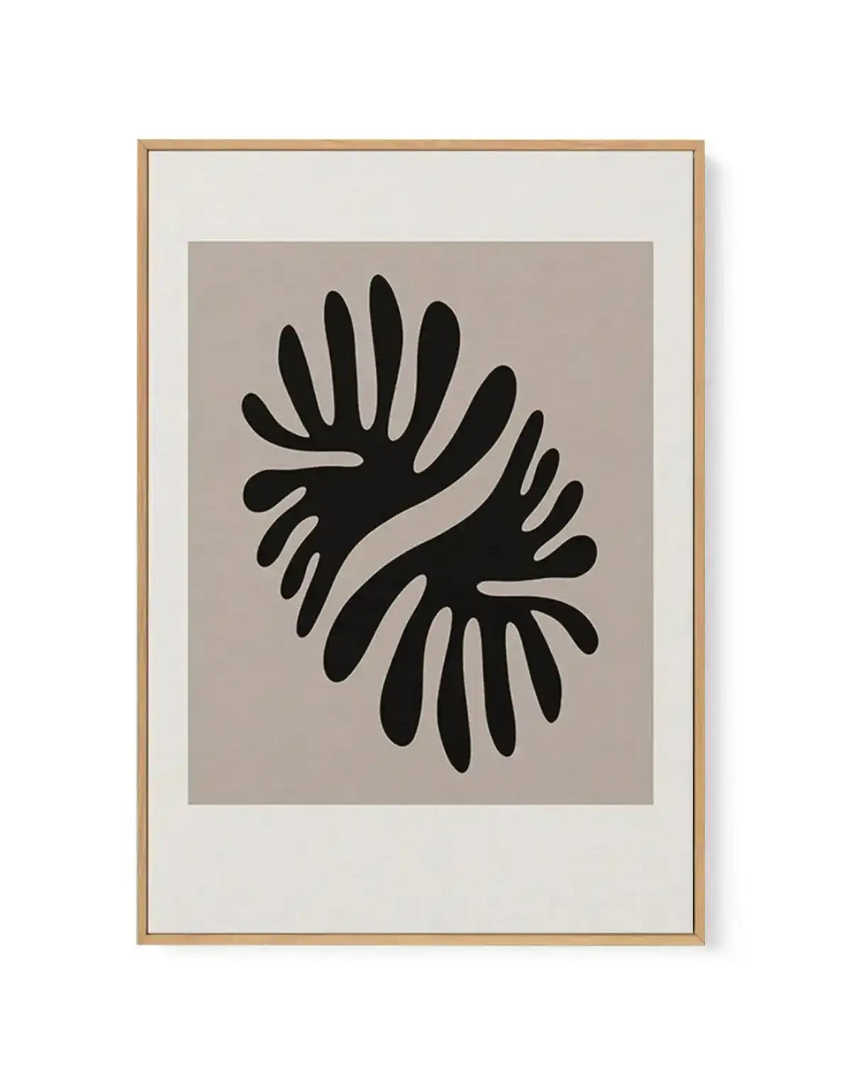 Framed canvas art print titled Forme Organique I featuring an abstract black silhouette of curved, organic shapes resembling stylized hands or leaves arranged in a spiral composition against a warm taupe background. The design is mounted in a natural wood frame with a white border, presented as a vertical rectangular wall art piece.