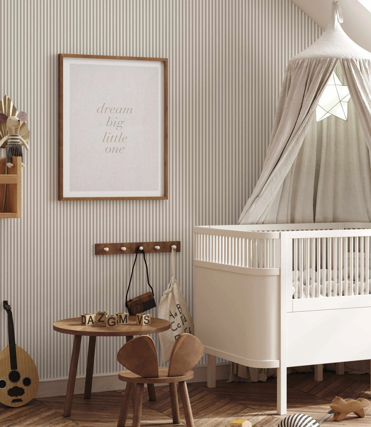 Petite Stripe In Mist Wallpaper from Olive et Oriel where you can shop wallpaper and artworks online