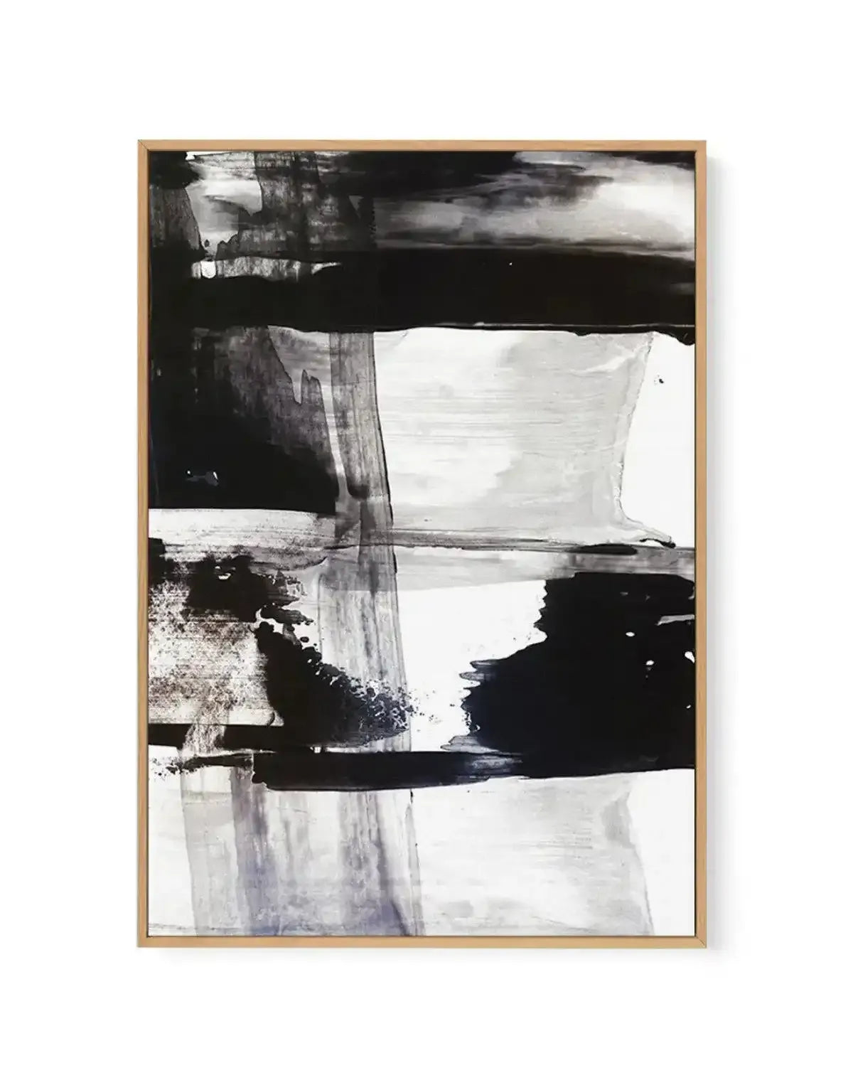 Abstract black and white canvas art print titled Halton I, featuring layered horizontal and vertical brushstrokes in charcoal black, gray, and ivory. The composition includes gestural marks, subtle washes, and organic shapes suggesting landscape elements. The framed print has a natural wood frame with white border, mounted on white background.