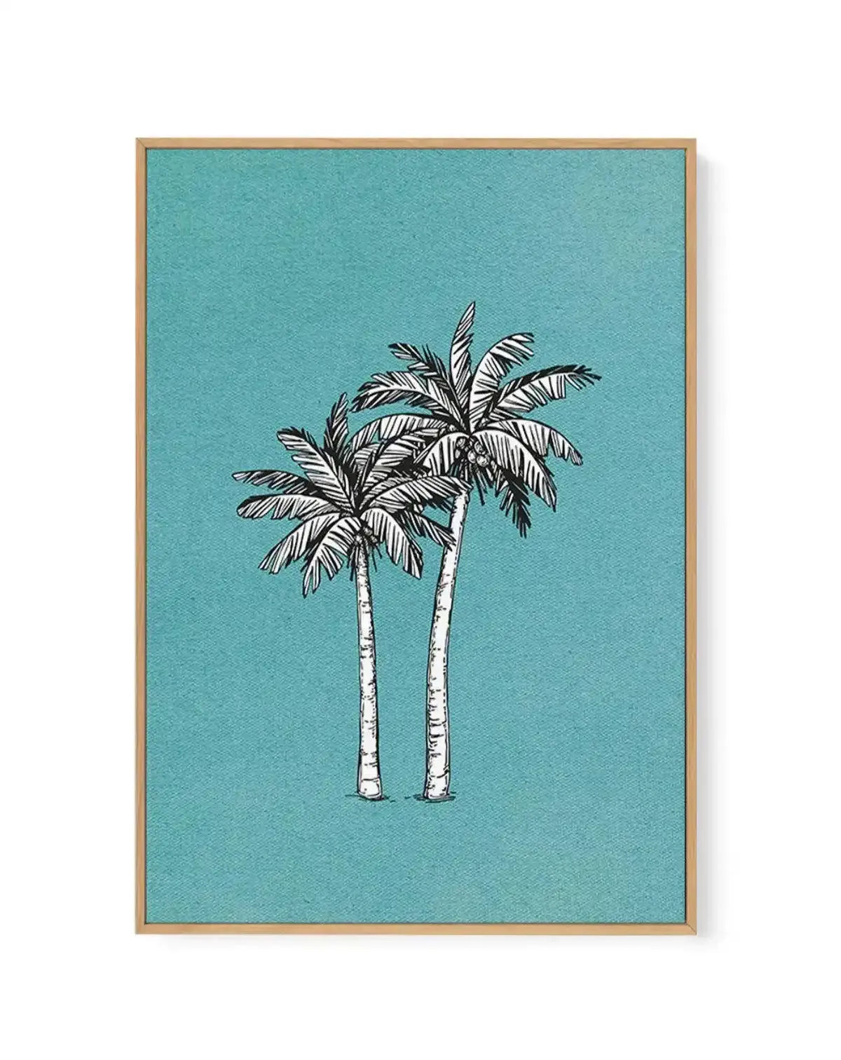 Framed canvas art print featuring two tall palm trees with white trunks and detailed line-drawn fronds against a solid turquoise background. Natural wood frame with light tan finish. The illustration style uses black ink with fine cross-hatching details on the palm leaves, creating a botanical sketch aesthetic. Vertical composition centered on the canvas. Matte finish on the turquoise ground provides subtle texture. Minimalist tropical design suitable for coastal or contemporary décor.