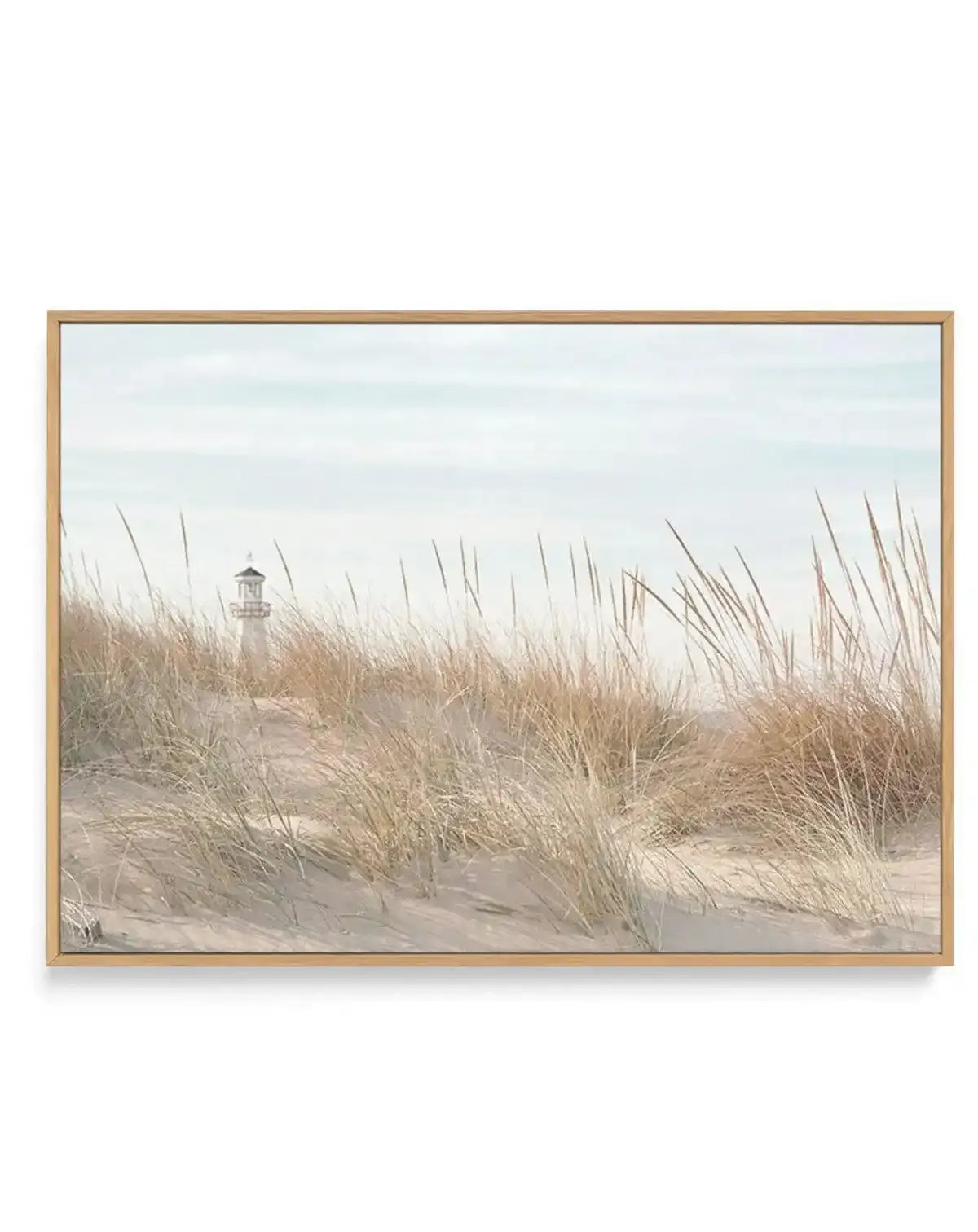 Lighthouse in the Dunes | Framed Canvas Art Print blue brown coastal art print