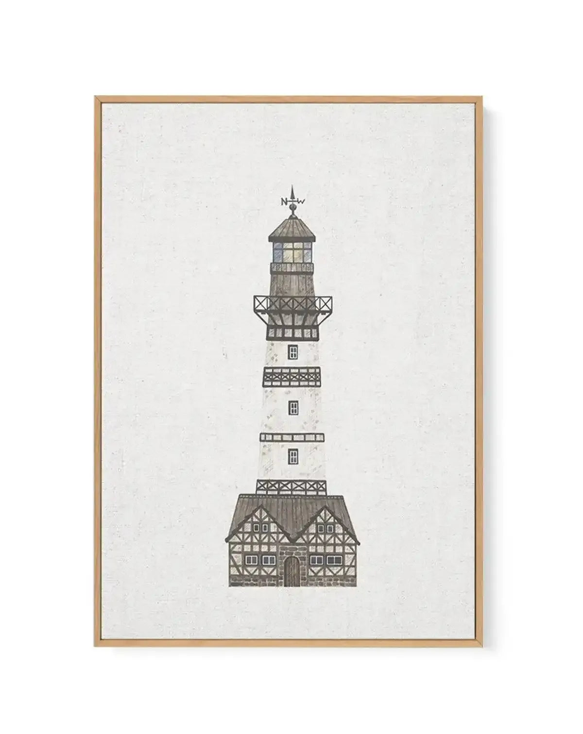 Framed canvas art print featuring an illustration of a lighthouse with a house at its base, on a textured white background, with a natural wood frame. The lighthouse is white with dark grey accents and windows, and a weather vane on top pointing N-W. The house at the base has a dark grey roof and timber-framed walls with white infill.