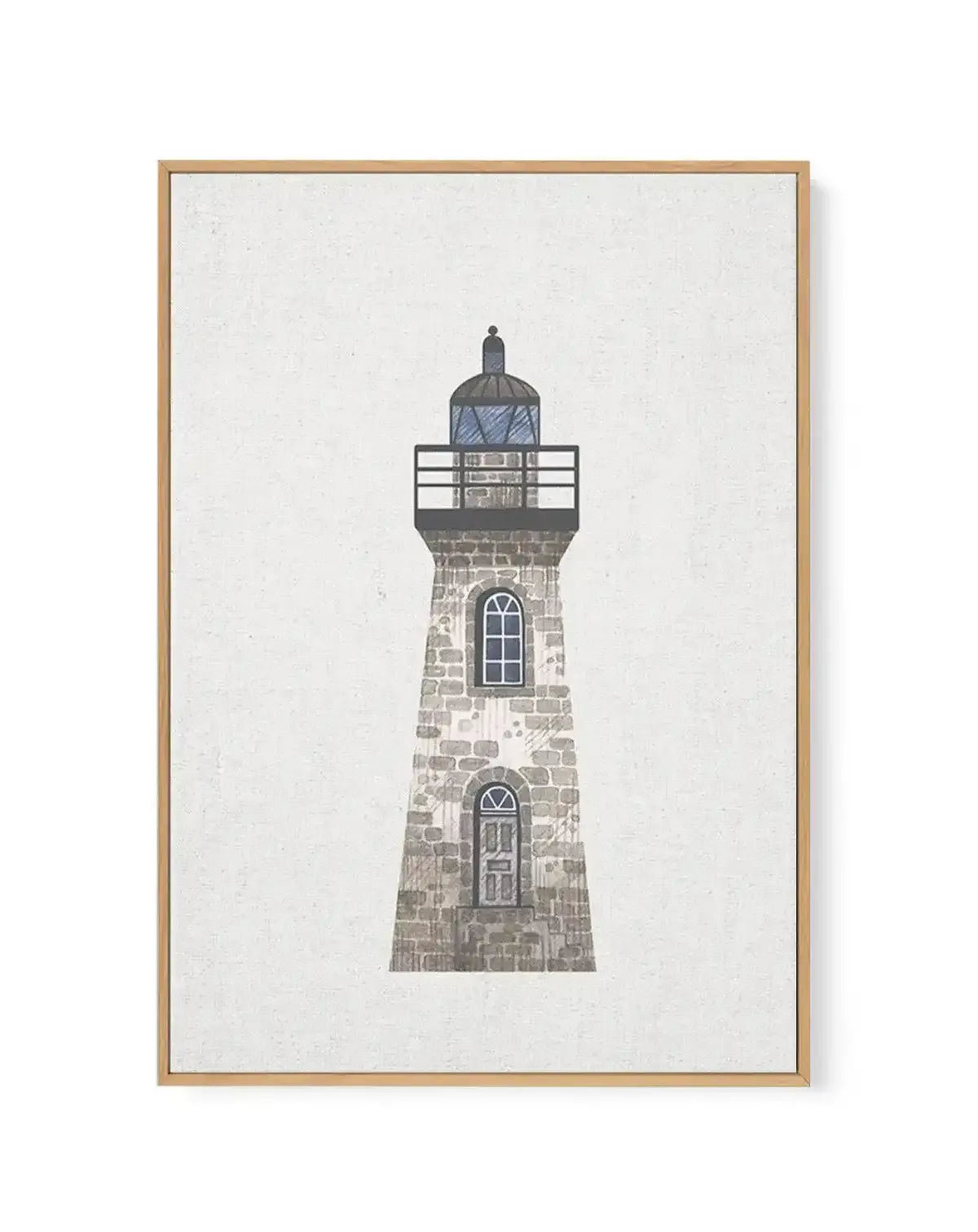 Framed canvas art print of a tall lighthouse with a stone brick base rendered in muted gray and tan tones. The lighthouse features two arched windows with fan-shaped tops and a cylindrical lantern room at the top with a dark dome and railing. The artwork is displayed in a natural wood frame with a cream-colored linen canvas background, creating a coastal, minimalist aesthetic with a textured, illustration-style finish.