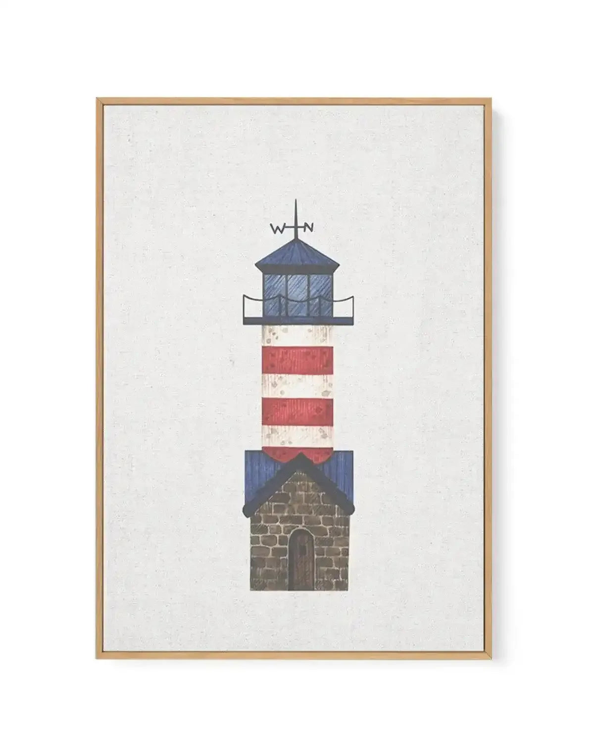 Framed canvas art print featuring an illustrated lighthouse with a compass rose at its peak. The composition shows a stone base with an arched doorway, topped with navy blue sections, two horizontal red and white striped bands, a gray lantern room with blue-tinted glass panes, and a dark blue conical roof. The artwork has a muted, textured appearance on natural linen-colored background. Natural wood frame with white border around the print.