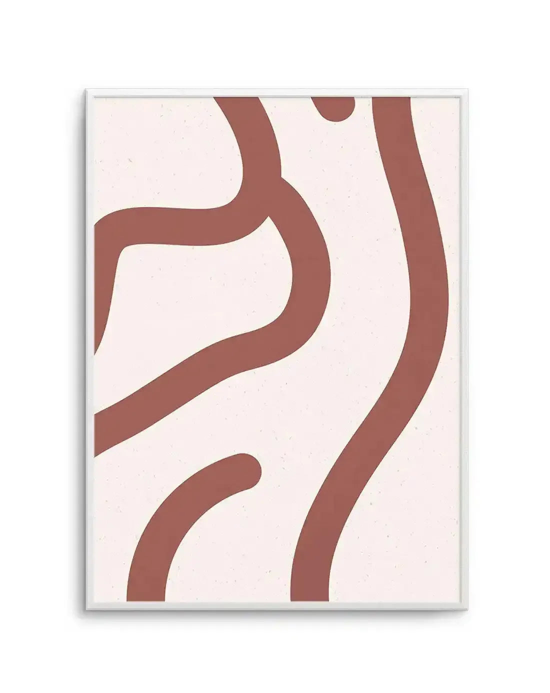 Abstract art print featuring thick, flowing lines in a warm terracotta or burnt sienna hue, creating an organic, curvilinear composition against a light cream background with a subtle speckled texture. The lines vary in width and curve gracefully, some ending abruptly within the frame, suggesting a continuous, fluid movement. The print is displayed in a thin white frame.
