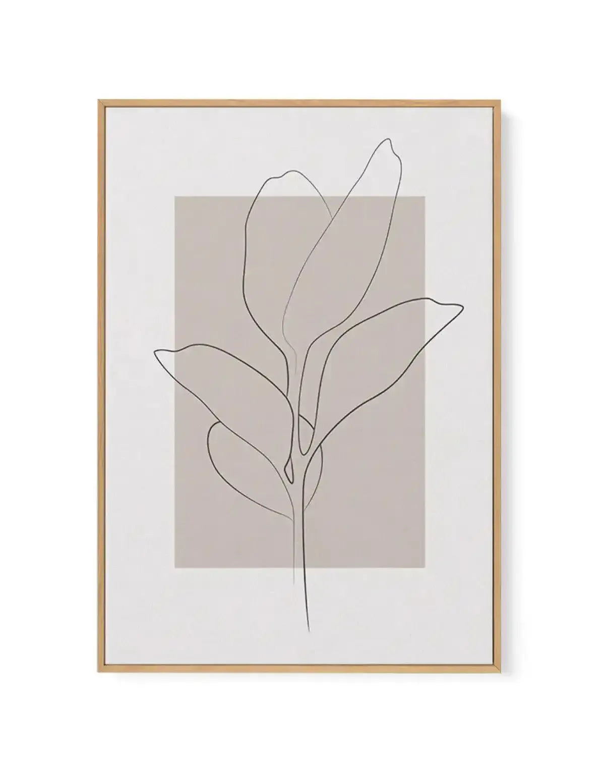 Framed canvas art print featuring a minimalist line drawing of a flowering plant with five petals outlined in dark gray ink. The plant stem extends from bottom to top with simplified leaf shapes along its length. Behind the line drawing is a soft beige rectangular shape on a white background. The canvas is set in a natural wood frame with a white border surrounding the artwork.